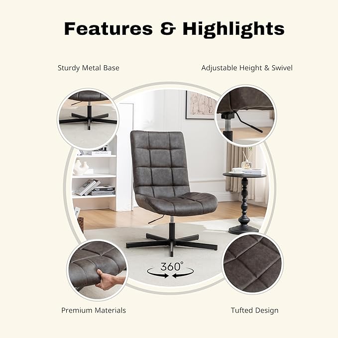Faux Leather Tufted Swivel Accent Chair – Adjustable Height 360° Rotation Modern 5-Point Metal Base for Home Office &amp Living Room (Brown)