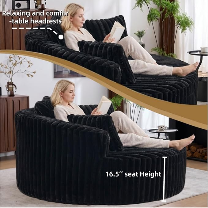 Oversized Upholstered Chaise Lounge Chair Indoor Corduroy Deep Seat Accent Chair Plush Boneless Barrel Sofa Chair for Living Room Bedroom Apartment (Black 57 Inch)