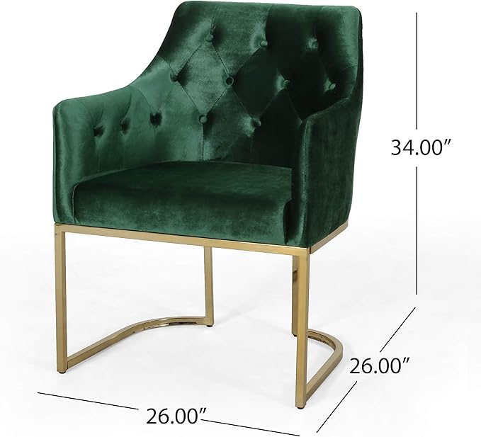 Christopher Knight Home Fern Modern Tufted Glam Accent Chair with Velvet Cushions and U-Shaped Base Emerald and Gold Finish 26D x 26W x 34H