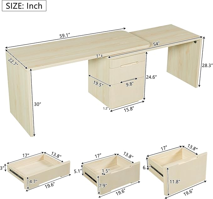 Merax Home Office Desk L Shaped with 3 DrawersWooden Rotating 90 Large DeskExecutive Office WorkstationCorner Work Table for Study WritingNatural Wood
