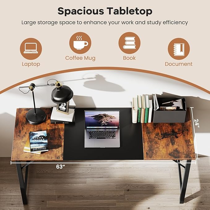 GOFLAME 63” Computer Desk Heavy Duty Metal Frame Laptop Table Writing PC Table Rectangle Home Office Desk Conference Table Meeting Room Boardroom Desk Working Task Desk for Bedroom Study