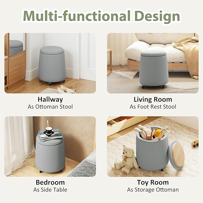 Storage Ottoman with Wheels 15W Swivel Rolling Foot Stool Boucle Terry Fabric Coffee Table Ottoman with Hidden Storage Round Vanity Stools for Makeup Room Living Room Bedroom Entryway Dorm Grey