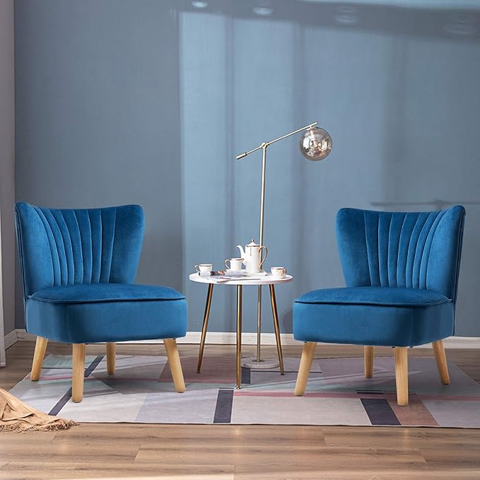 KOTEK Velvet Accent Chairs Set of 2 Modern Armless Accent Chair w/Solid Rubber Wood Legs Upholstered Side Chair Club Sofa Chair Slipper Chair for Living Room Bedroom (Blue)
