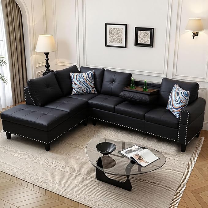 L Shape Sectional Couch with Chaise 97.5 Inch Modular Sofa with Cup Holders Sectional Couches for Living Room Ergonomic Reclined Backrest for Office and Small Apartment Black