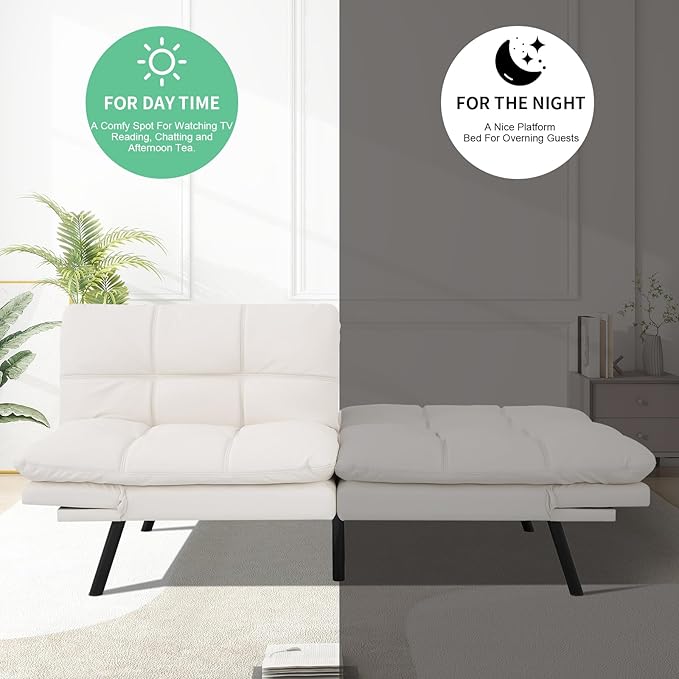 MUUEGM Futon Couch with 71 Adjustable High Density Memory Foam Futon Sofa Bed Modern Design Sofa Bed for Living Room Sleeping and Relaxing(Leather White)