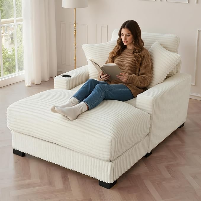 41 Chaise Lounge Indoor Comfy Reading Chair with 2 PillowsUSB Charger Cup Holder Adjustable Backrest Corduroy Sofa Bed Lazy Chair Sleeper Couch Small Couch for Apartment Whtie
