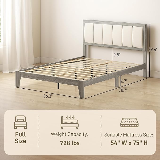 HOMCOM Full Size Bed Frame with Upholstered Headboard Platform Bed Frame with Wooden Slats No Box Spring Needed Easy Assembly Gray
