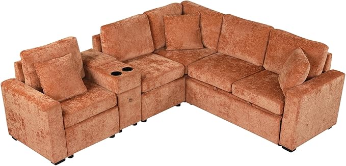120.5 Chenille Fabric Modular Sectional Sofa Reversible Sleeper with Pull-Out Bed L-Shaped Convertible Sofa Bed with Cup Holders and Ample Storage Space for Living Room (Orange-11.21)