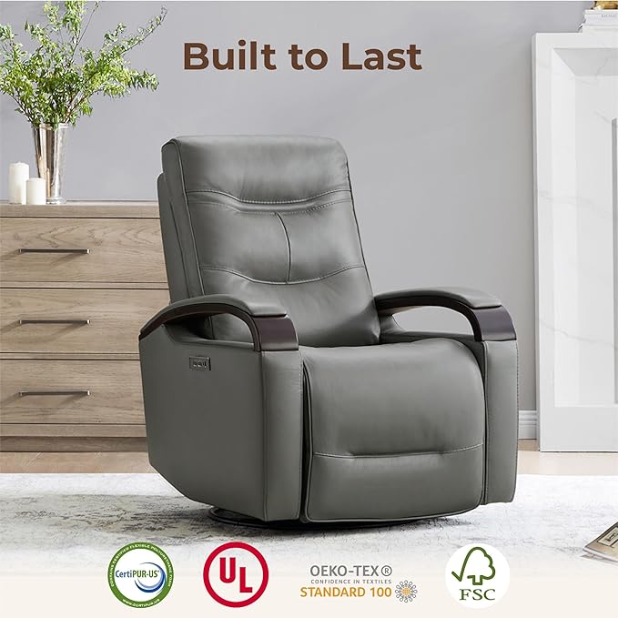 CHITA Genuine Leather Power Swivel Glider Rocker Recliner FSC Certified Mid Century Modern Recliner Chair for Adults Adjustable Power Headrest for Nursery and Living Room Haze