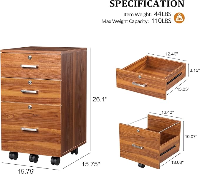 VINGLI 3-Drawer File Cabinet with Lock Wood Rolling Filing Cabinets for Home Office Mobile Printer Stand Under Desk File Organizer for Letter Sized Files 26 H(Caster Included) Walnut