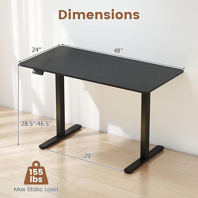 Tangkula 48 x 24 Electric Standing Desk Ergonomic Height Adjustable Sit to Stand Desk with LED Display &amp 2 Memory Height Settings Headphone Hook Home Office Desk (Black)