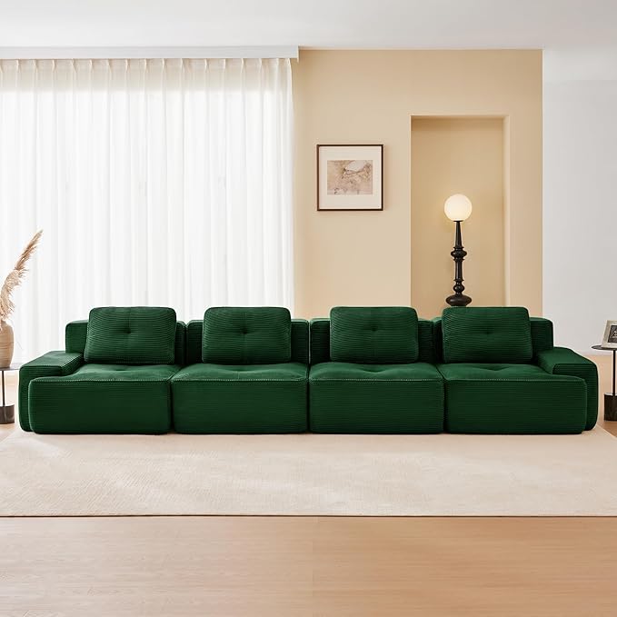 150.4'' Sectional Sofa 32D Foam Corduroy Boneless Couch with Pillow Deep Seat Wide Arm Sectional Couch for Apartment Living Room Bedroom