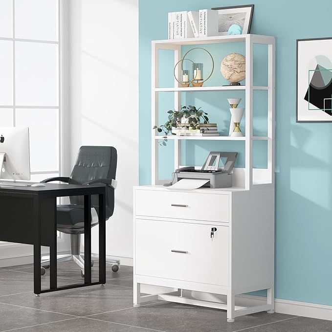 Tribesigns 2 Drawer Vertical File Cabinet with Lock &amp Bookshelf Letter Size Large Modern Filing Cabinet Printer Stand with Open Storage Shelves for Home Office White