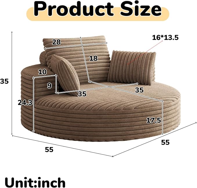 55 inch 360° Swivel Accent Chair Chaise Lounge Chair Indoor Oversized Round Swivel Accent Chair Modern Corduroy Single Sofa Chair Deep Seat Chair for Living Room Bedroom Apartment Brown