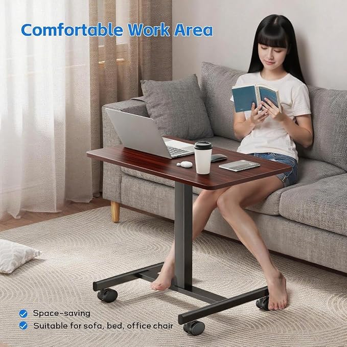 Mobile Standing DeskSmall Rolling DeskHeight Adjustable Rolling Cart with Lockable Wheels for Home Office Computer Workstationwith Hook Dark Walnut