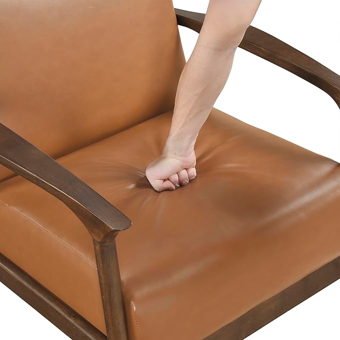 Lexicon Mid Century Modern Accent Chair Faux Leather Upholstered Lounge Armchair Solid Rubber Wood Frame Single Sofa Seat for Living Room/Bedroom/Office/Waiting Area Brown
