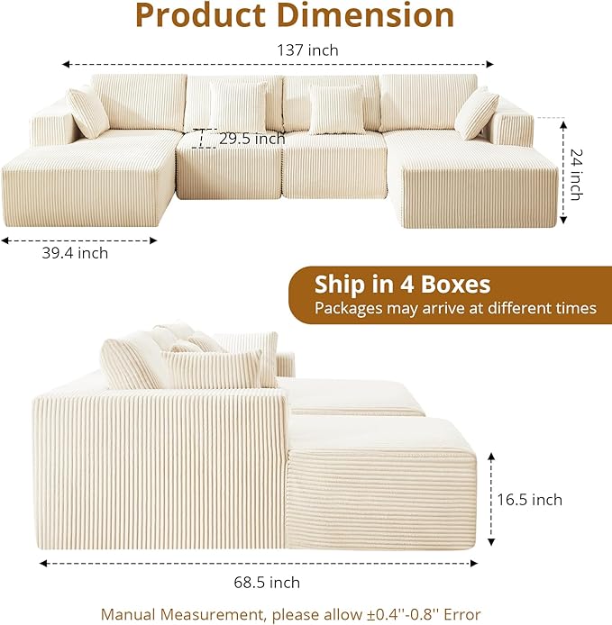 Cloud Boneless Couch 137 Modern Sectional U-Shaped Comfy No Assembly Required Convertible Compression Sleeper Modular Sofa with Corduroy Fabric Deep Seat Single + Chaise for Living Room