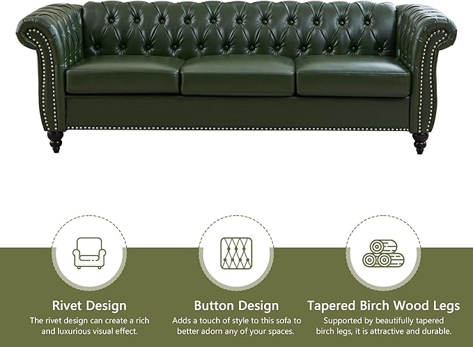 ORRD Chesterfield Sofa Leather Modern Faux PU Tufted Couch 3 Seater with Rolled Arms and Nailhead for Living Room Bedroom Office Apartment (Green)