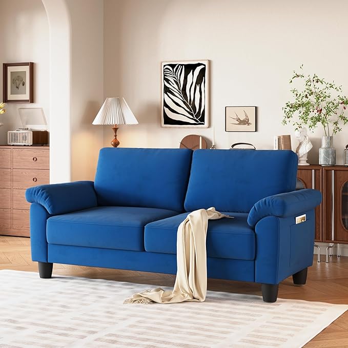 70 Living Room Couch Sofa Velvet Deep Couches for Small Spaces Mid Century Modern Loveseat with Storage Bag Bedroom Apartment Office Removable Sofa Cover Spring Cushions Fast Assembly Blue