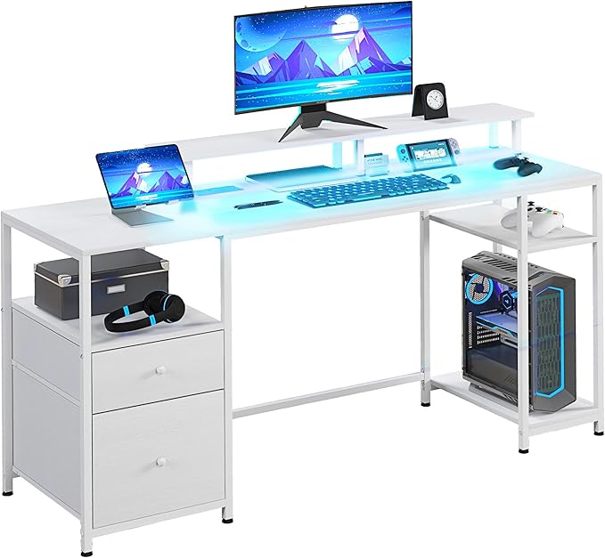61 Computer Desk with LED Lights Power Outlets and USB Ports Gaming Desk with Storage Shelves Monitor Stand Fabric Drawers Remote for Home Office Study Distressed White
