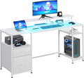 61 Computer Desk with LED Lights Power Outlets and USB Ports Gaming Desk with Storage Shelves Monitor Stand Fabric Drawers Remote for Home Office Study Distressed White