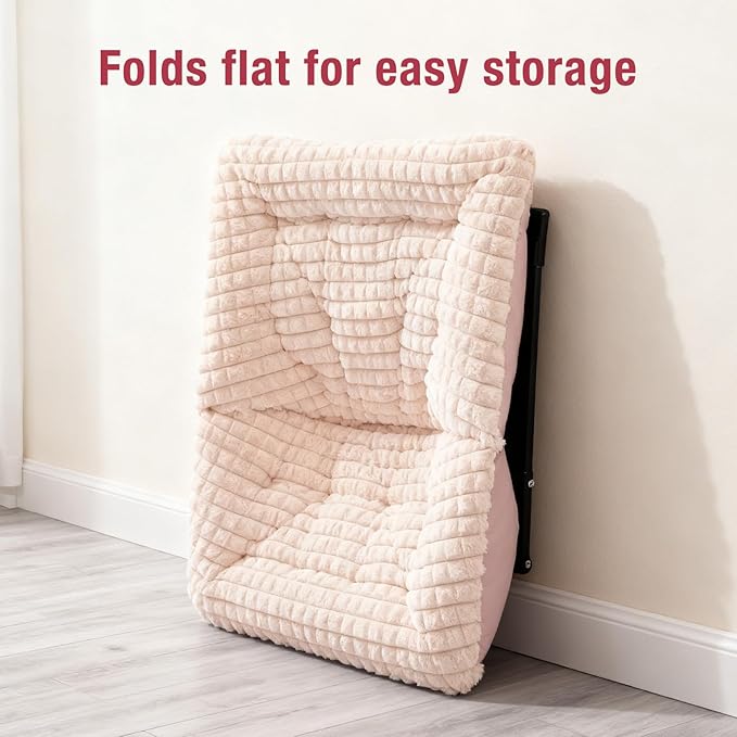 HollyHOME X-Large Saucer Chair Comfy Oversized Folding Chair Faux-Fur Reading Chair for Teens Adults Foldable Accent Chair Metal Lounge Chair for Living Room Bedroom Dorm Grid Champagne Pink