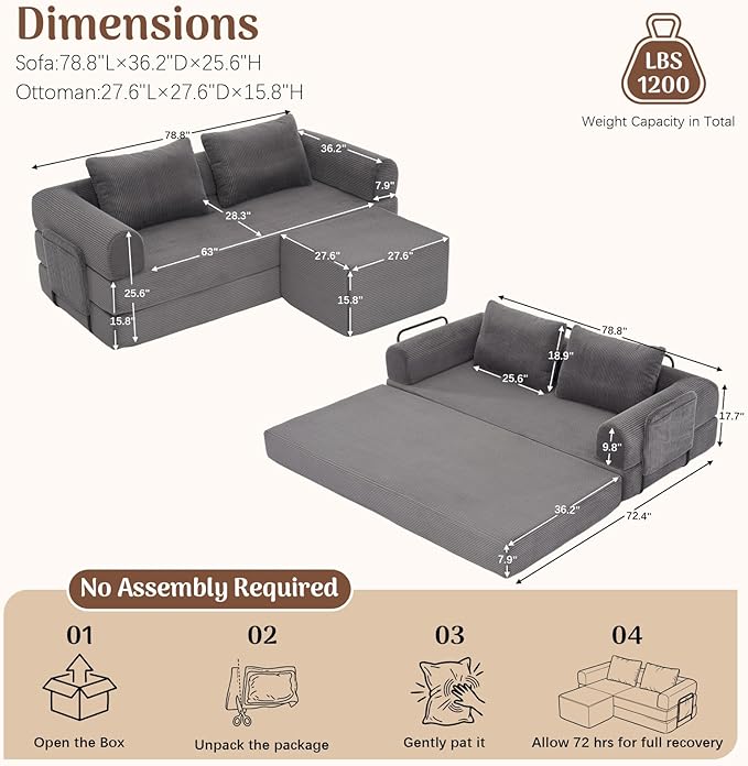Redlife 78 Folding Sofa Bed with Ottoman Modular Loveseat Sleeper Couch Convertible Floor Sofa Corduroy Fabric Wide Armrests 28.3 Deep Seat Removable Covers &amp Side Pocket No Assembly Gra