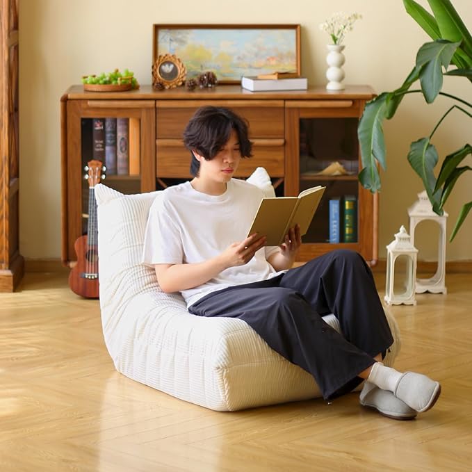 N&ampV Fireside Floor Sofa- Mid-Century Modern Armless Lounge Chair with Premium Soft Corduroy Fabric Plush Foam Cushion Accent Chair for Living Room Bedroom &amp Office (White)