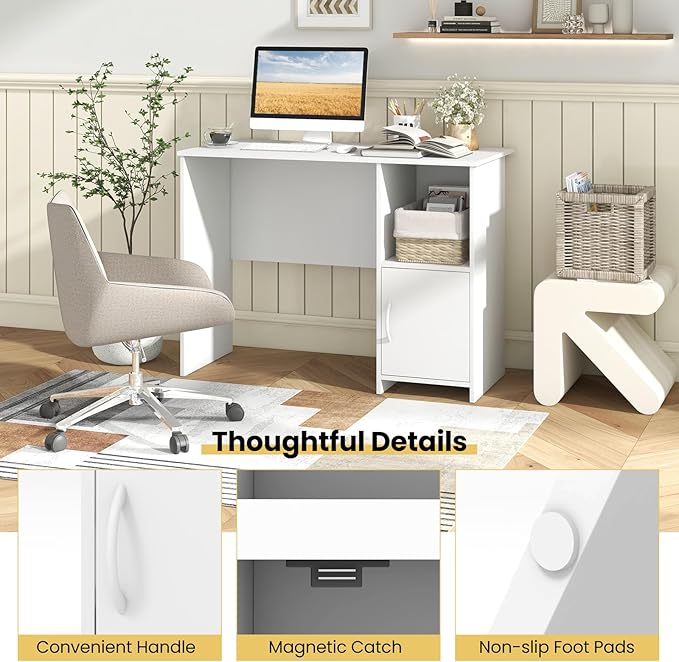 Giantex Small Computer Desk White Desk with Storage Cabinet &amp Shelf Compact PC Laptop Table Workstation Makeup Vanity Table Modern Study Writing Desk for Small Space Bedroom Home Office