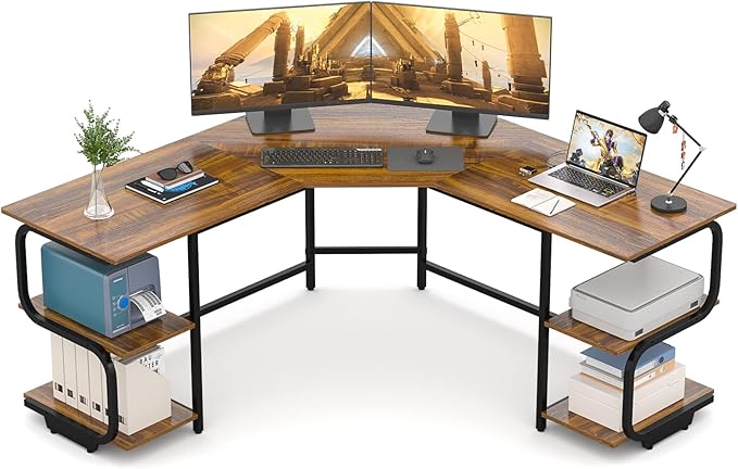 Teraves Modern L Shaped Desk with Shelves64.84 Computer/Gaming Desk for Home OfficeCorner Desk with Desktop (Teak+Black Frame Large+4 Tier Shelves)