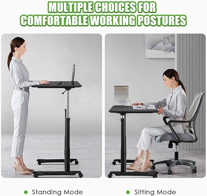 Tangkula Mobile Standing Desk Computer Desk Height Adjustable Stand Up Table with 4 Wheels Rolling Compact Standing Desk with Steel Frame MDF PVC Tabletop Ideal for Home Office (Black)