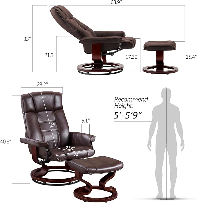 MCombo Manual Swivel Recliner with Ottoman Chair Ottoman Set for RV Small Spaces Living Room Bedroom Office 9019 4919 (Faux Leather Dark Brown)