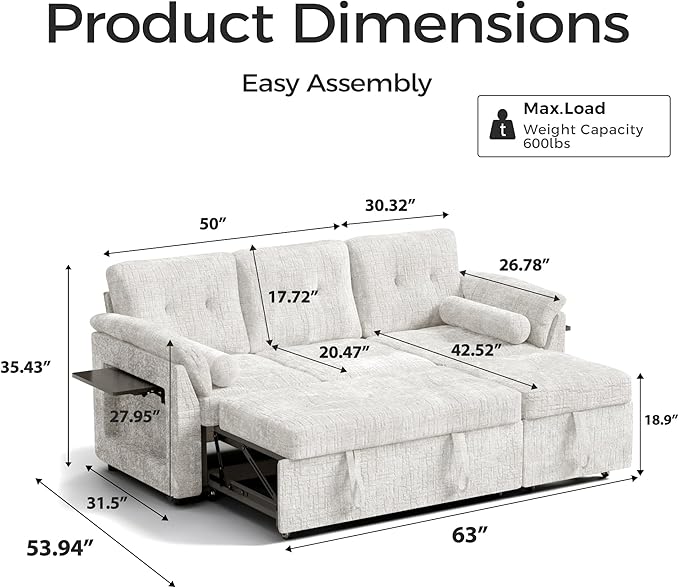 Convertible Queen Sofa Bed 63 Inch Chenille Pull Out Couch with Side Table 3 Seat Pull Out Sofa Bed with Level Adjustable Backrest Comfy Sleeper Sofas for Living Room Apartment Beige