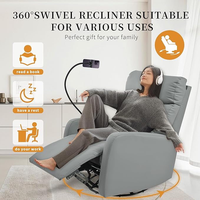 Swivel Rocker Recliner Chair for Nursery Upholstered 360° Leather-air Glider Rocking Chair with Phone Holder Manual Small Recliners for Small Spaces Living Room