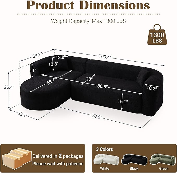 110 Inch Boneless Couches for Living Room Modern Modular Sectional Curved Sofa with Chaise Minimalist L-Shape Cloud Sectional Couch No Assembly Required (Black Left-Facing Chaise)