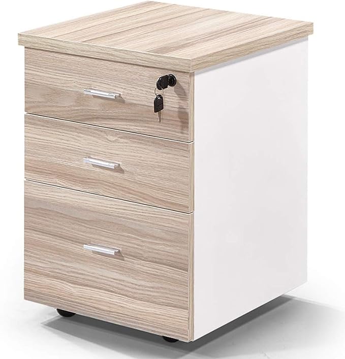 Mobile File Cabinets - Solid Wood Storage Box Desk Organizers with Lock Wooden Nightstand Office Document Cabinet Storage Cabinet 3 Drawers and 5 Wheels (40 * 40 * 55Cm)