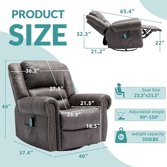 MEETWARM Massage Swivel Rocker Recliner with Heat and Vibration Manual Glider Rocking Recliner Chair 360°Swivel Lounge Reclining Chair with Remote Control/USB Ports for Living Room(Gray)