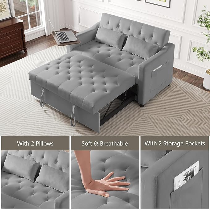 3 in 1 Loveseat Sleeper Adjustable Backrest Convertible Sofa Bed Small Pull Out Couch with 360° Rotating Side Table for Living Room Apartment Bedroom Grey