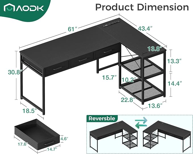 AODK 61 Inch L Shaped Computer Desk with Drawers Corner Desk with Power Outlets &amp Reversible Storage Shelves for Home Office Gaming Black