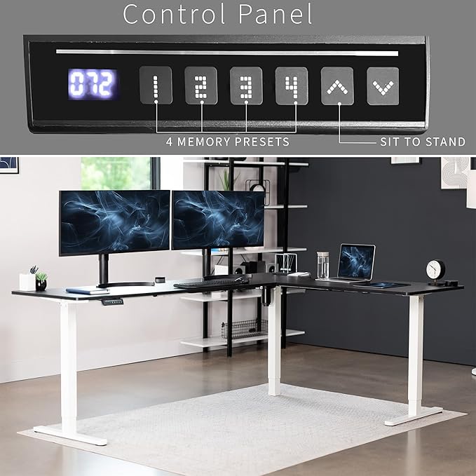 VIVO Corner Standing Desk 84 x 63 inch Reversible L-Shaped Workstation Electric Height Adjustment Home Office and Reception Rooms Black Table Top White Frame DESK-E3CTWB-84