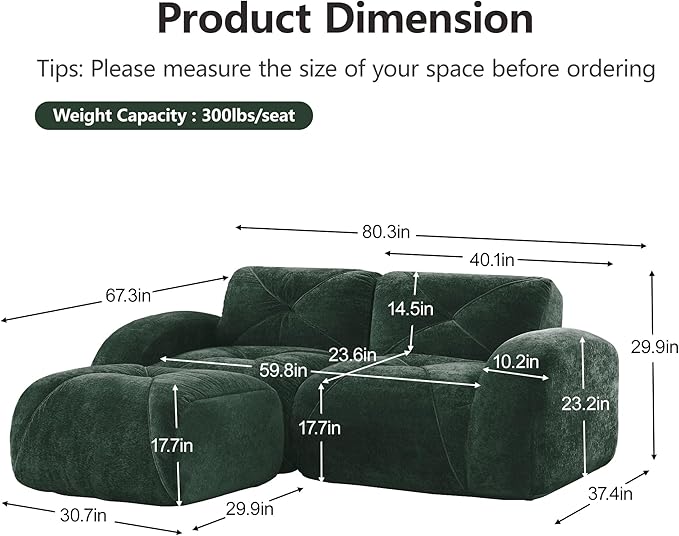 80 Sectional Modular Cloud Couch Boneless Couches with Deep Seat Convertible 2-Seater Sofa Set with Ottoman for Living Room Bedroom Office Green