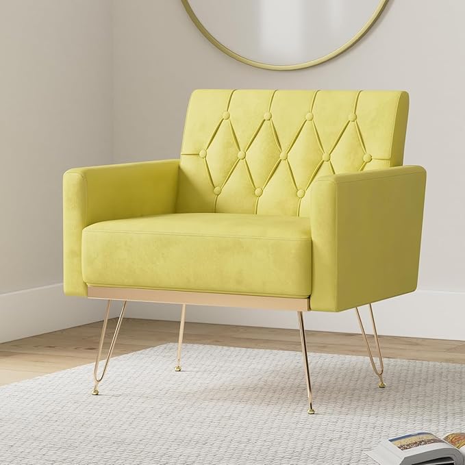 Olela Velvet Accent Chair with Arm for Living RoomModern Armchair Single Sofa Cozy Tufted Upholstered Reading Side Chairs with Gold Metal Leg for Bedroom Decorate(1 Sage Green)
