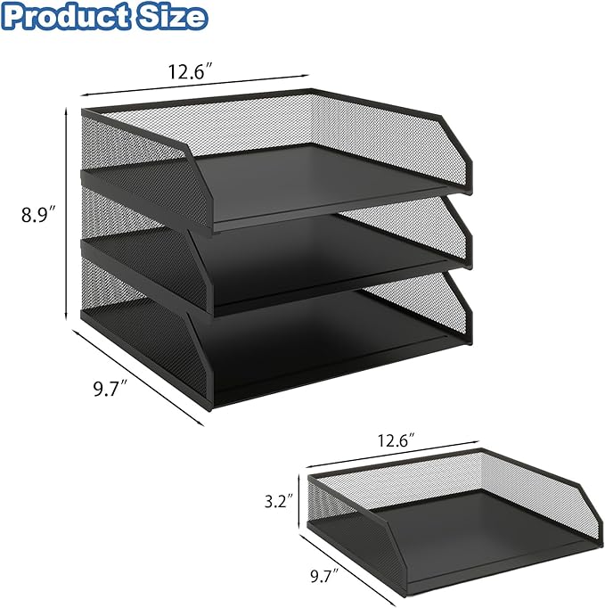 Natwind 3-Tier Stackable Paper Tray Metal Mesh Desktop Organizer A4 Paper Sorter Letter TraysFile Folder Sorter Organizer with Sliding Tray for Home Office School (Black)