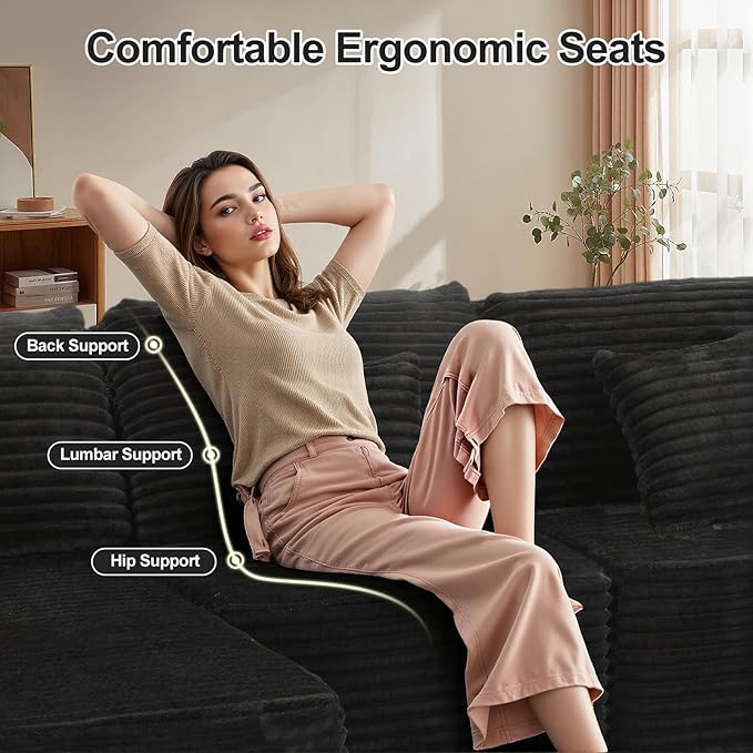 132 U Shaped Couch Oversized Modular Sectional Sofa with Chaise Corduroy U Shaped Couch with Deep Seat Boneless Couches for Living Room No Assembly Required Horizontal Striped Black