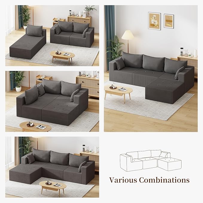 Boneless Cloud Couch with Movable Chaise Ottoman Moudular Sleeper Couch Dual-Core Support Spring &amp High-Resilience Foam 105 Corduroy Couch for Living Room No Assembly Gray