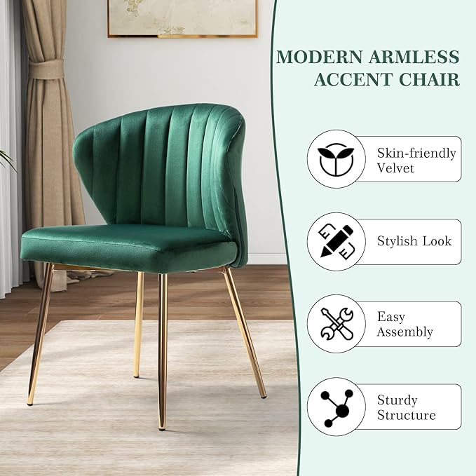 HULALA HOME Velvet Dining Chair Cute Armless Accent Chair Living Room Chair with Golden Legs Mid Century Modern Upholstered Side Chair for Kitchen Vanity Green
