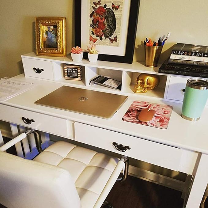 Giantex Writing Desk with 4 Drawer Computer Study Table Removable Floating Organizer 2-Tier Spacious Workstation Home Office Desk Console Table White Vanity Desk