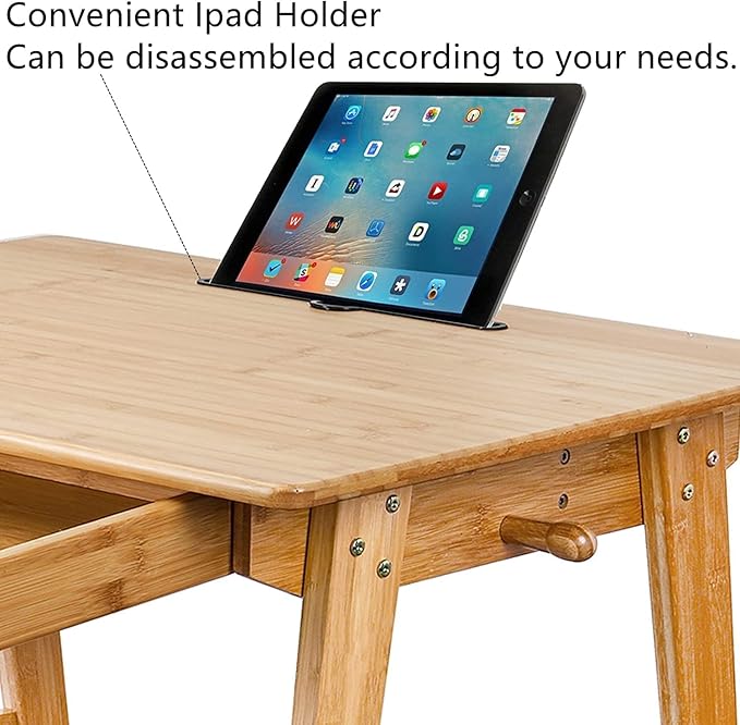 Dicunoy Computer Desk with 2 Drawers 46 Solid Bamboo Home Office Writing Desk for Small Space Compact Simple Tables with Gap Design and Hook for PC Laptop Students Study Makeup Bedroom