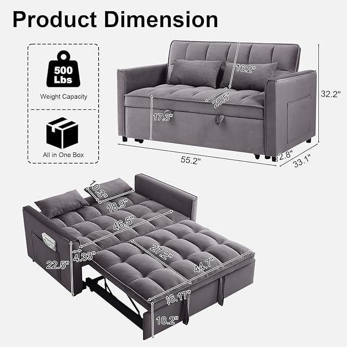 3 in 1 Convertible Sofa Bed Pull Out Couch with Adjustable Backrest Velvet Sleeper Sofa Loveseat with Pillows and Side Pockets for Living Room Bedroom Apartment Dark Grey