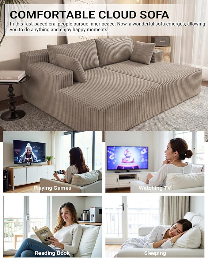 71 Oversized Double Chaise Lounge Sofa Cloud Plush Deep Seat Loveseat Sleeper Couch Upholstered Boneless Corduroy Sofa Bed No Assembly Modern Lounge Chair for Living Room Bedroom Reading (Camel)
